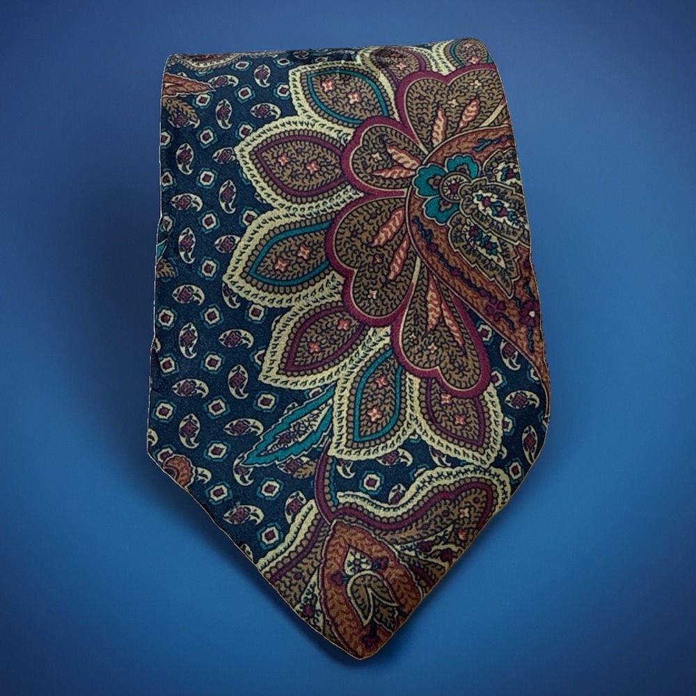 Vntg Henry Grethel 100% Italian Silk Tie Black Teal Burgundy Gold Floral